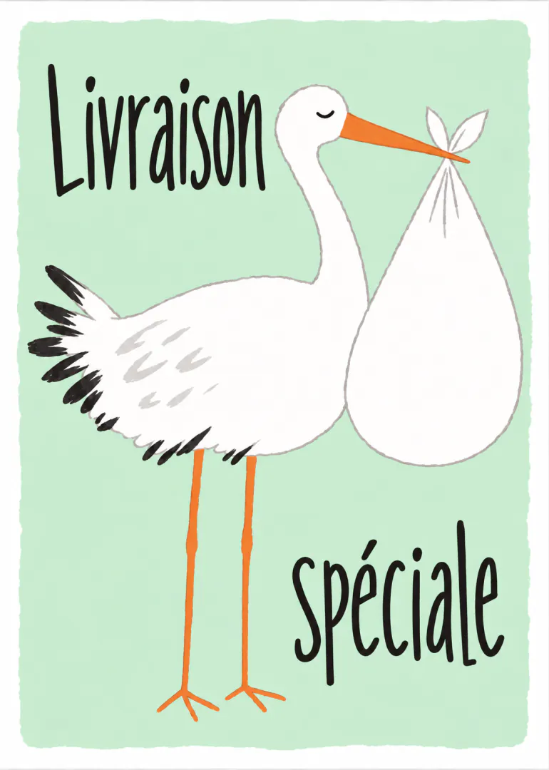 Carte vert menthe montrant une cigogne blanche portant un baluchon, avec le texte « Livraison spéciale ».