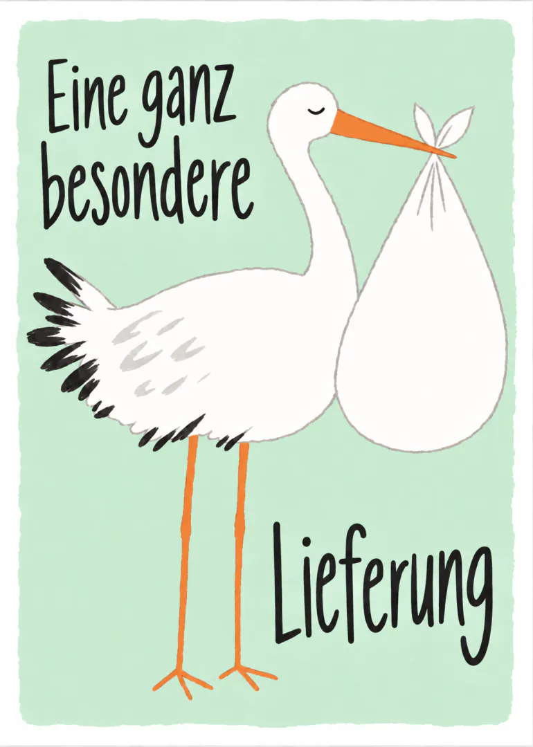 Handgezeichnete Illustration eines weissen Storches mit orangefarbenem Schnabel, der ein Babybündel trägt, auf mintgrünem Grund.