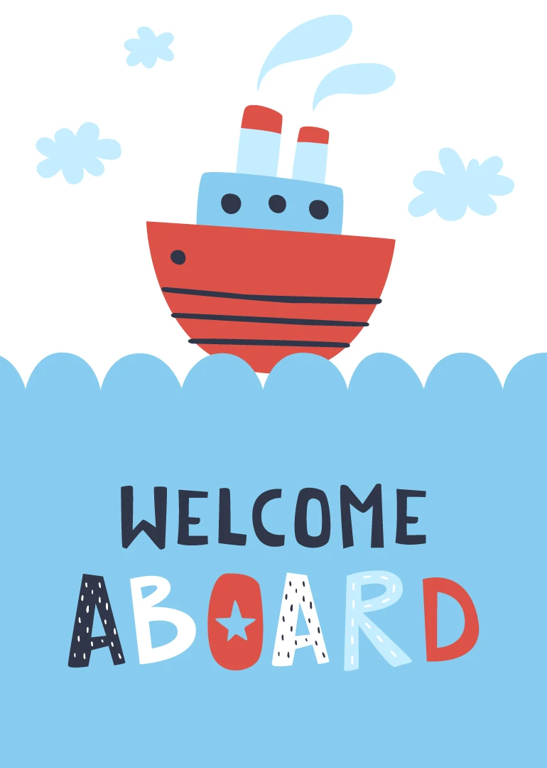 A red boat with blue waves and Welcome Aboard text on a cheerful sky-blue card.