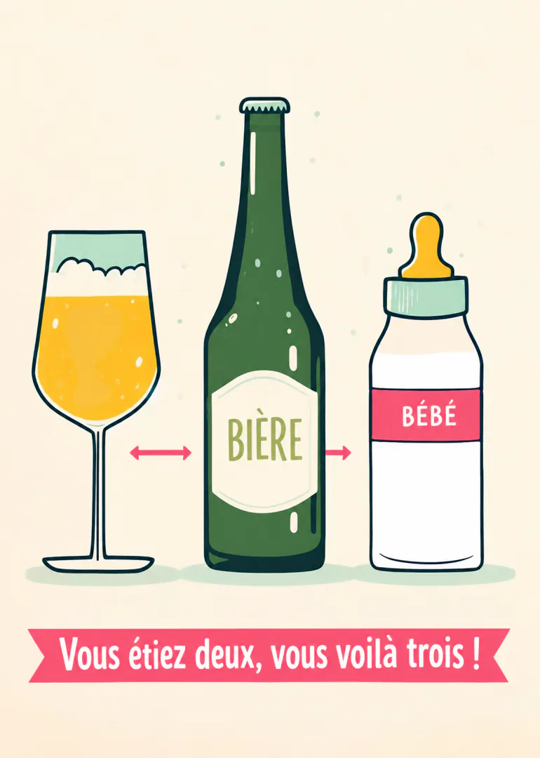 Carte illustrée avec un verre de bière, une bouteille de bière et un biberon, accompagnés d’un message pour l’arrivée d’un bébé.