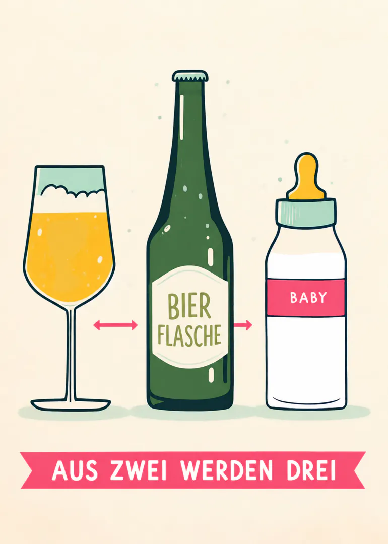 Illustrierte Karte mit Sektglas, Bierflasche und Babyfläschchen sowie dem Spruch „Aus zwei werden drei“.