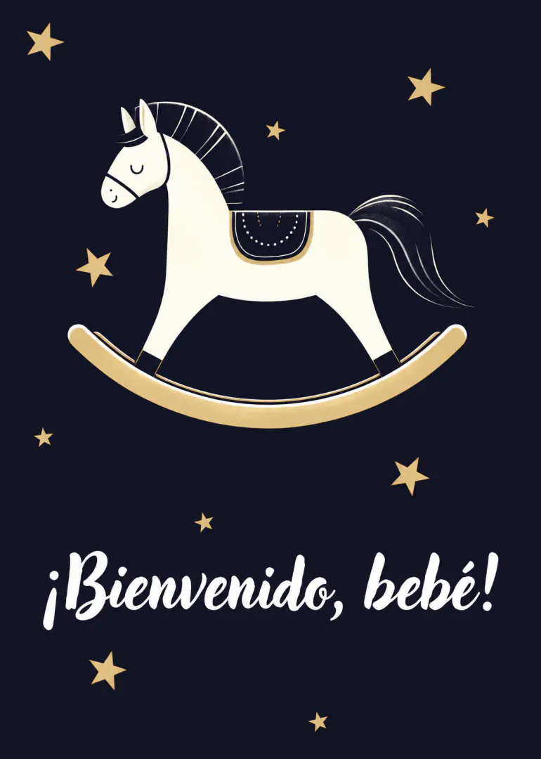 Tarjeta azul marino con un caballo balancín blanco, estrellas doradas y el texto «¡Bienvenido, bebé!».