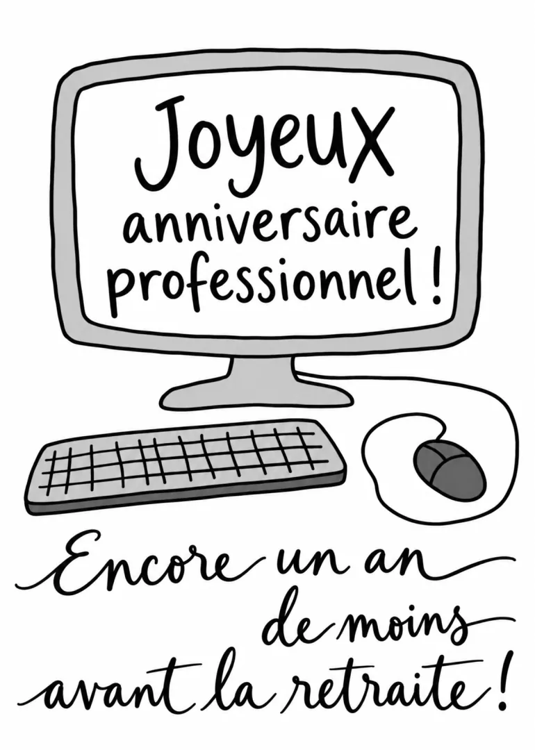 Carte noir et gris montrant un ordinateur, un clavier et une souris avec un message d’anniversaire professionnel.