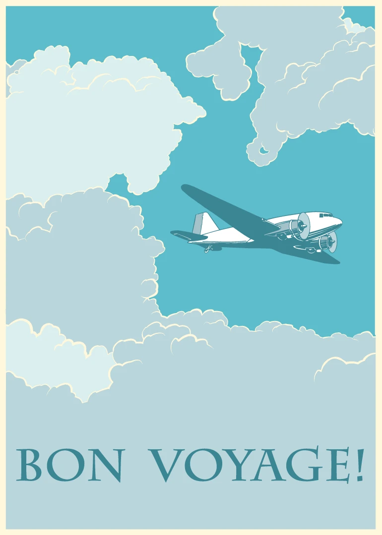 Airplane flies through soft clouds on a teal sky card with Bon Voyage wording below.