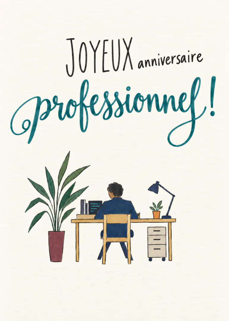 Carte avec le message « JOYEUX anniversaire professionnel ! » et une personne assise à un bureau entouré de plantes.