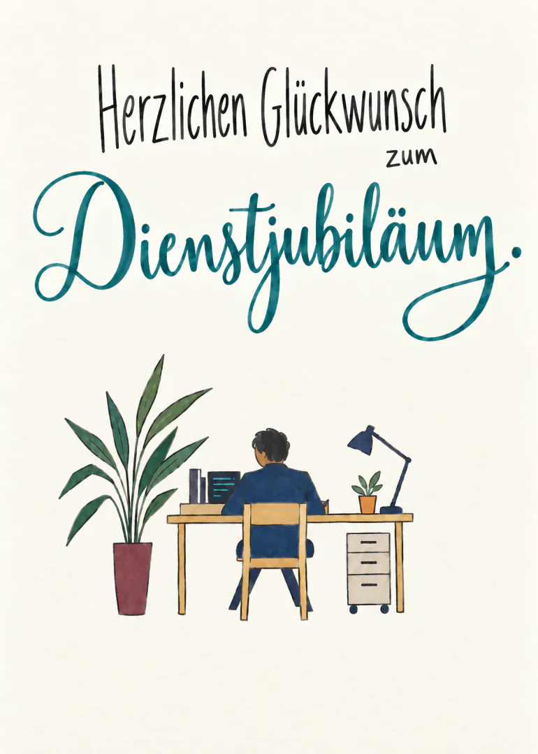 Karte mit Schriftzug zum Dienstjubiläum und einer Person am Schreibtisch neben Zimmerpflanzen.