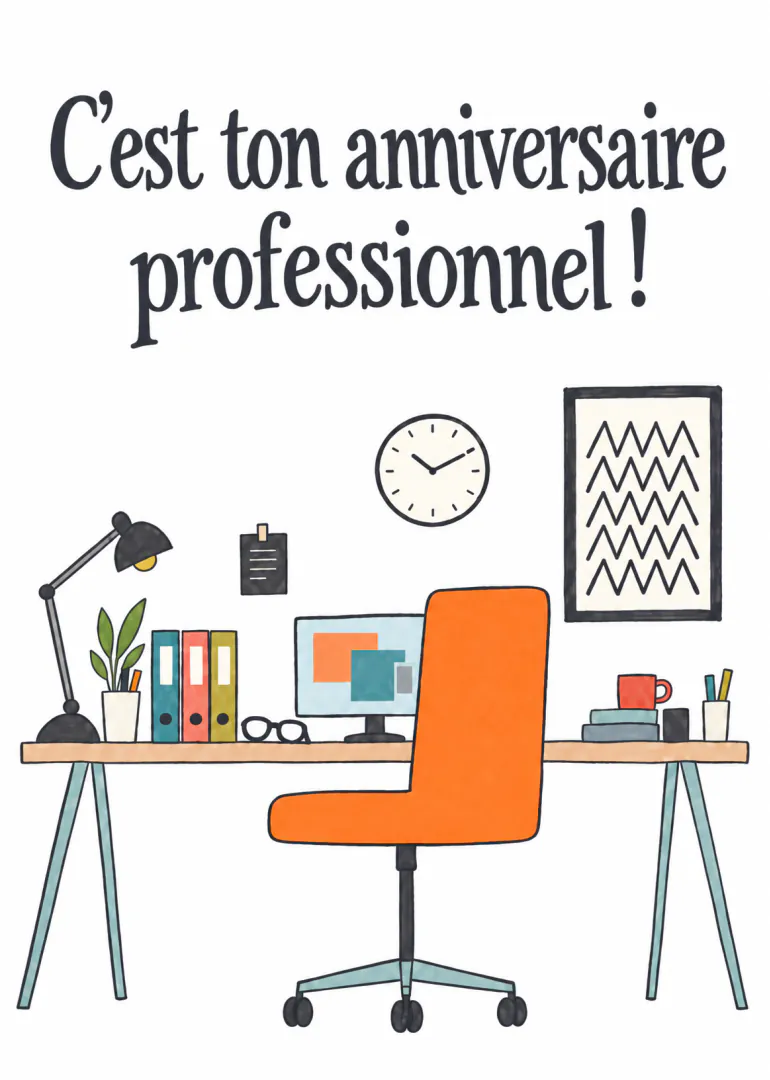 Carte avec le texte « C’est ton anniversaire professionnel ! » au-dessus d’un bureau illustré avec chaise orange.