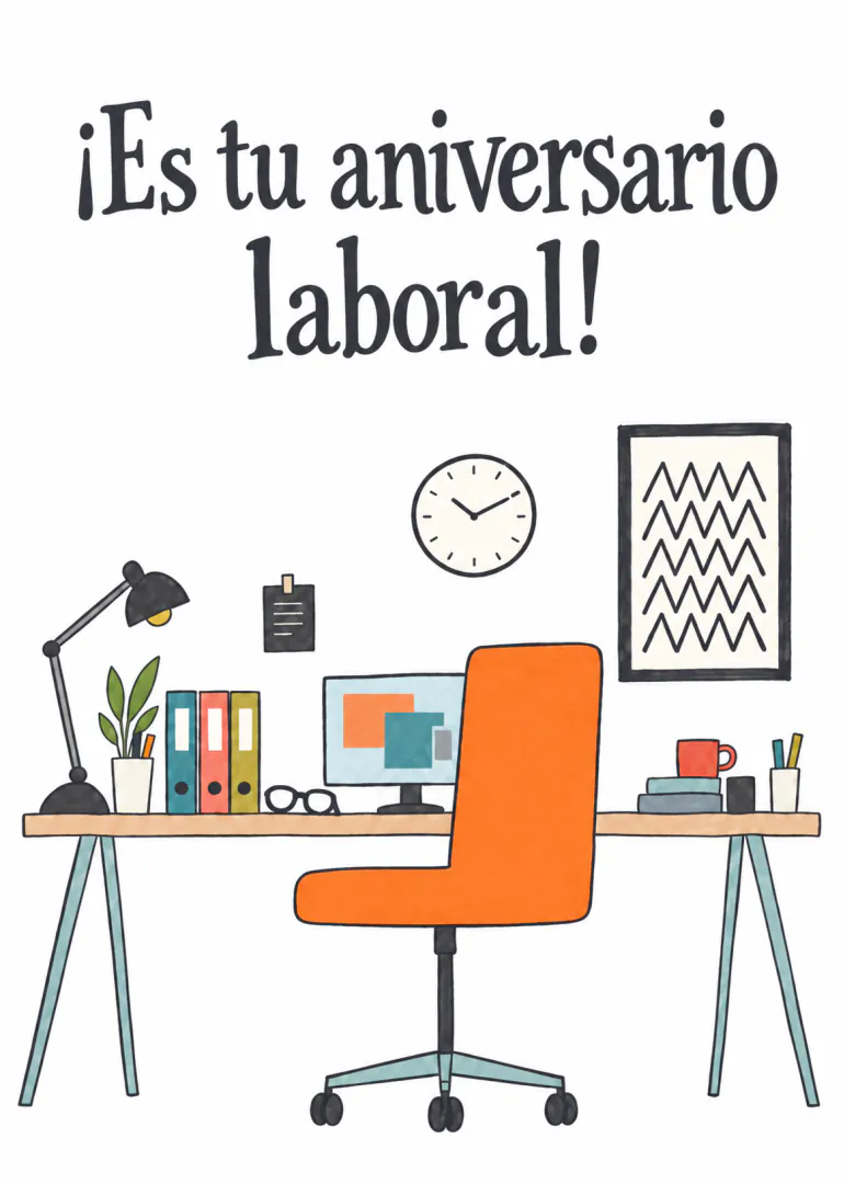 Tarjeta con el texto «¡Es tu aniversario laboral!» sobre un escritorio ilustrado con silla naranja y material de oficina.