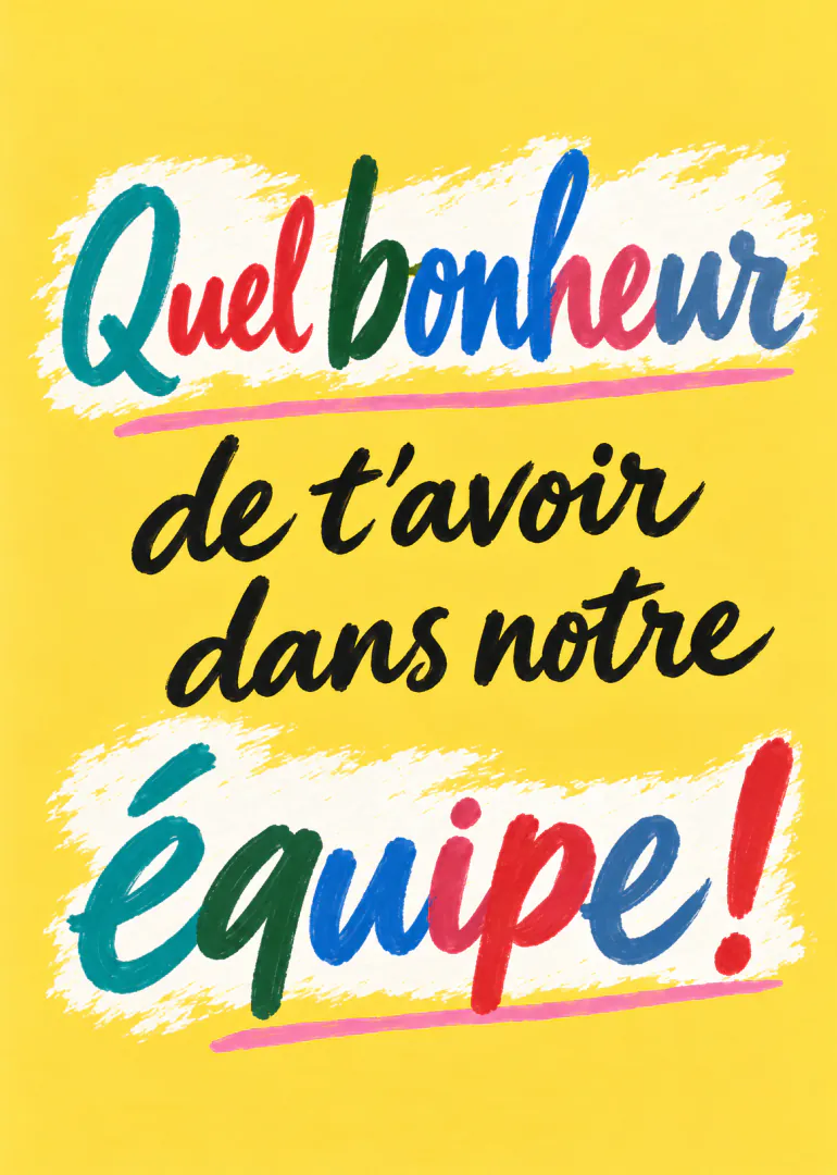Carte jaune avec le message coloré « Quel bonheur de t’avoir dans notre équipe ! » en lettres manuscrites.