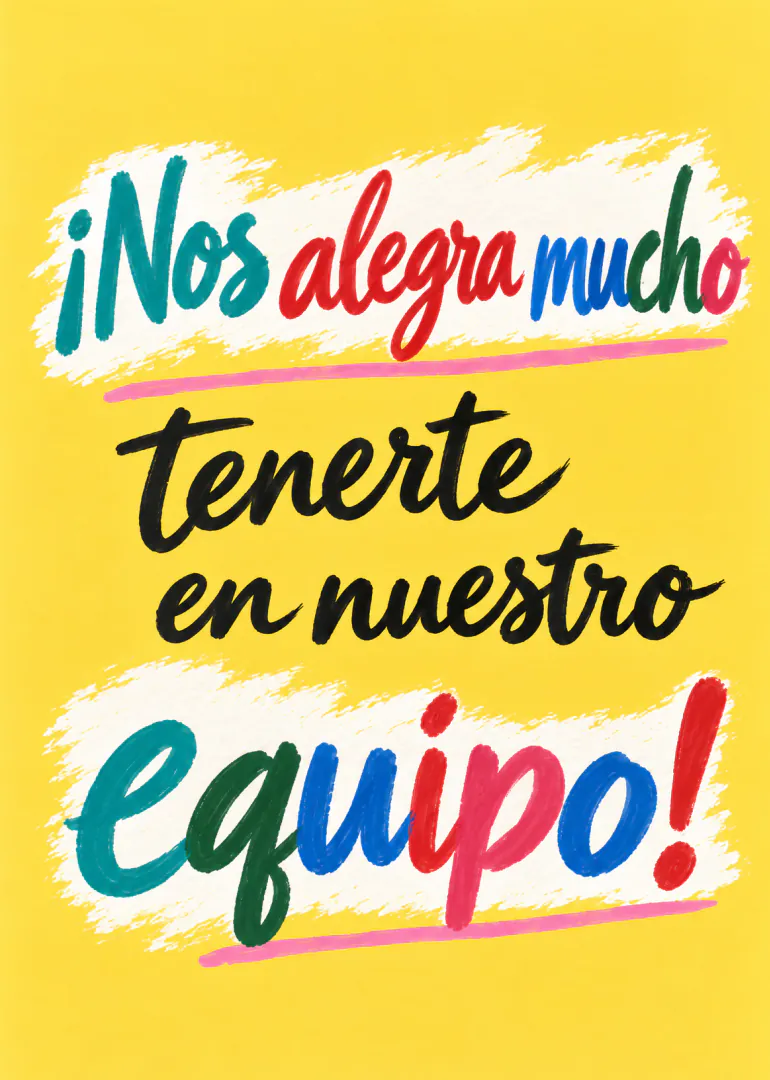Tarjeta amarilla con un mensaje de bienvenida manuscrito y colorido para un nuevo integrante del equipo.