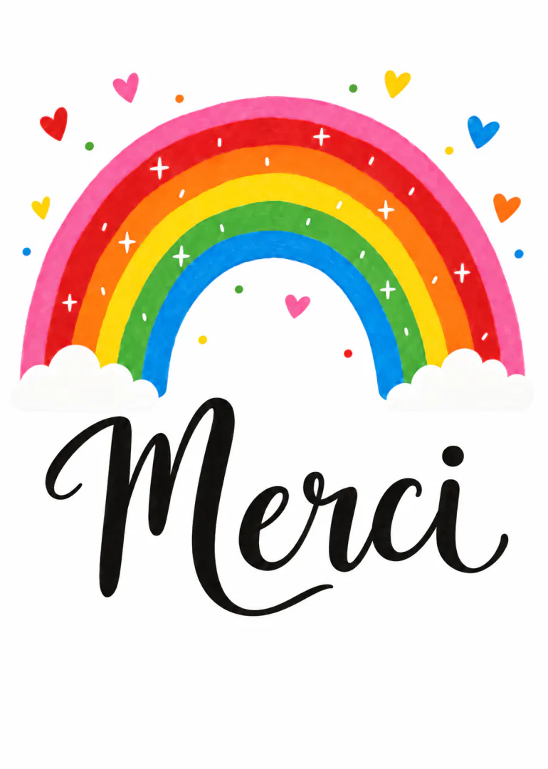 Carte blanche avec un arc-en-ciel coloré, des cœurs et le mot « Merci » en calligraphie noire.