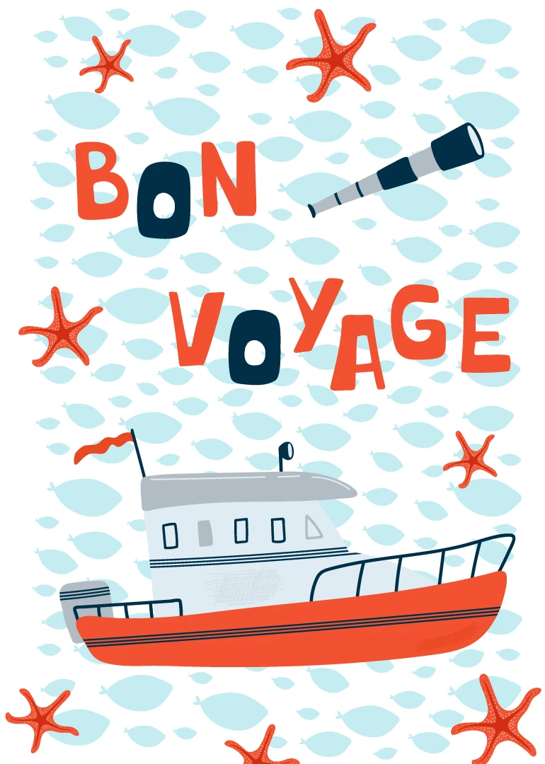 Bon Voyage text with a red boat, starfish, and light blue fish pattern background design.
