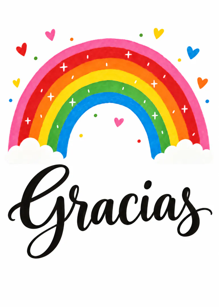 Tarjeta blanca con un arcoíris de colores, corazones y la palabra «Gracias» en caligrafía negra.