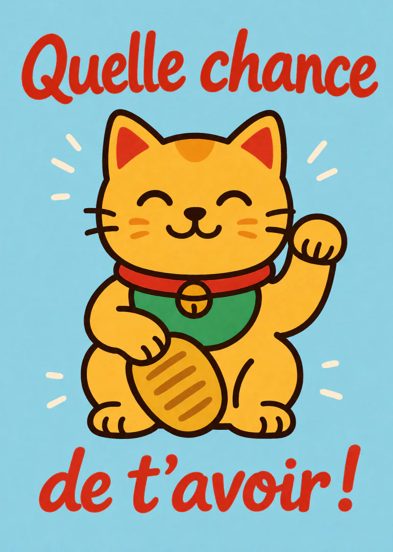 Carte bleue illustrée d’un chat porte-bonheur jaune et du message « Quelle chance de t’avoir ! ».