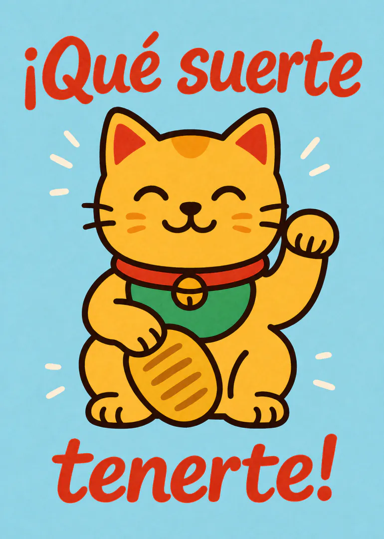 Tarjeta azul con un gato japonés amarillo levantando una pata y el mensaje «¡Qué suerte tenerte!».