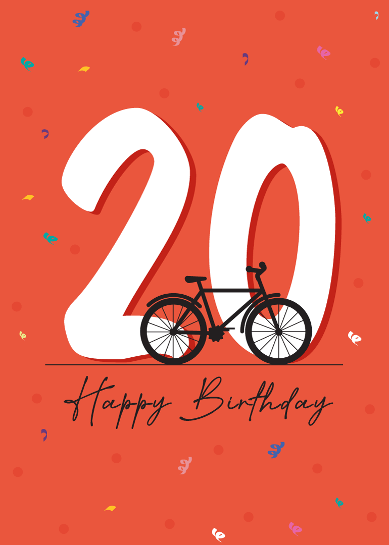 20th birthday card with black bicycle and colorful confetti on red background