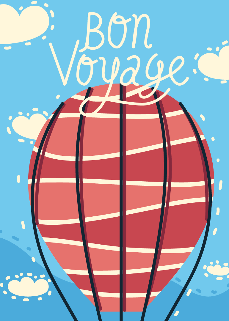 Red hot air balloon with blue sky and white clouds saying Bon Voyage