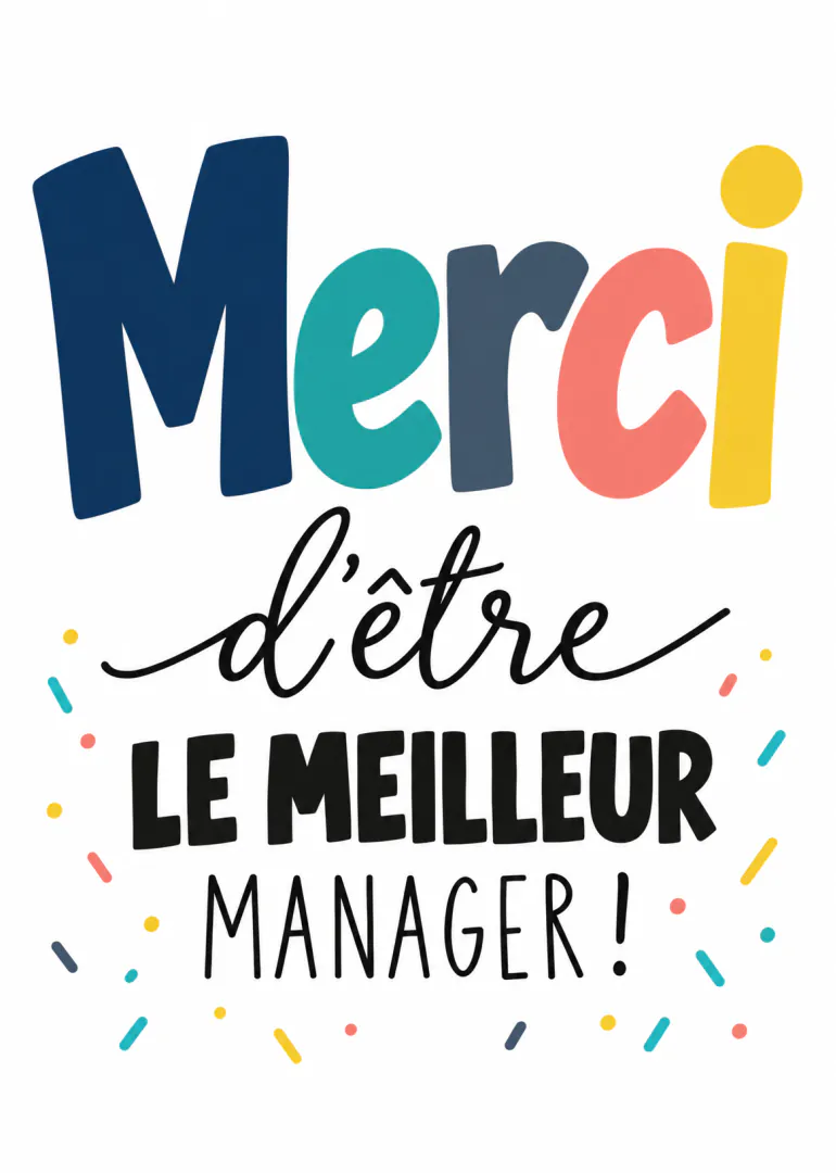 Carte blanche avec le message coloré « Merci d’être le meilleur manager ! » entouré de confettis.