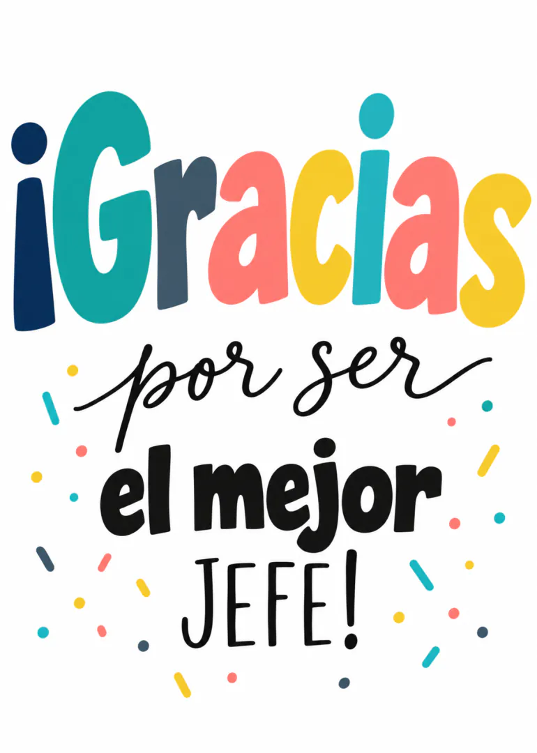 Tarjeta blanca con el mensaje «¡Gracias por ser el mejor JEFE!» en letras coloridas y confeti.