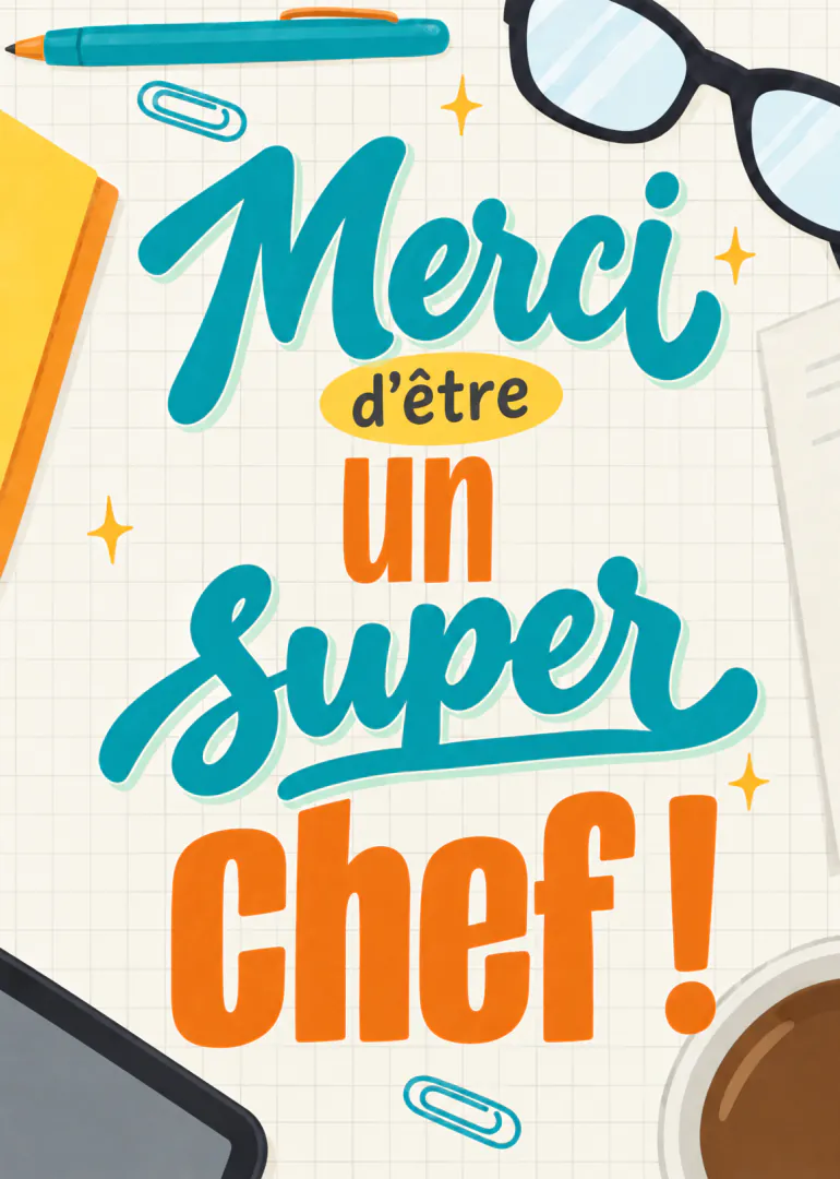 Carte de remerciement pour un chef, avec une typographie bleu turquoise et orange sur fond quadrillé, entourée de fournitures de bureau.