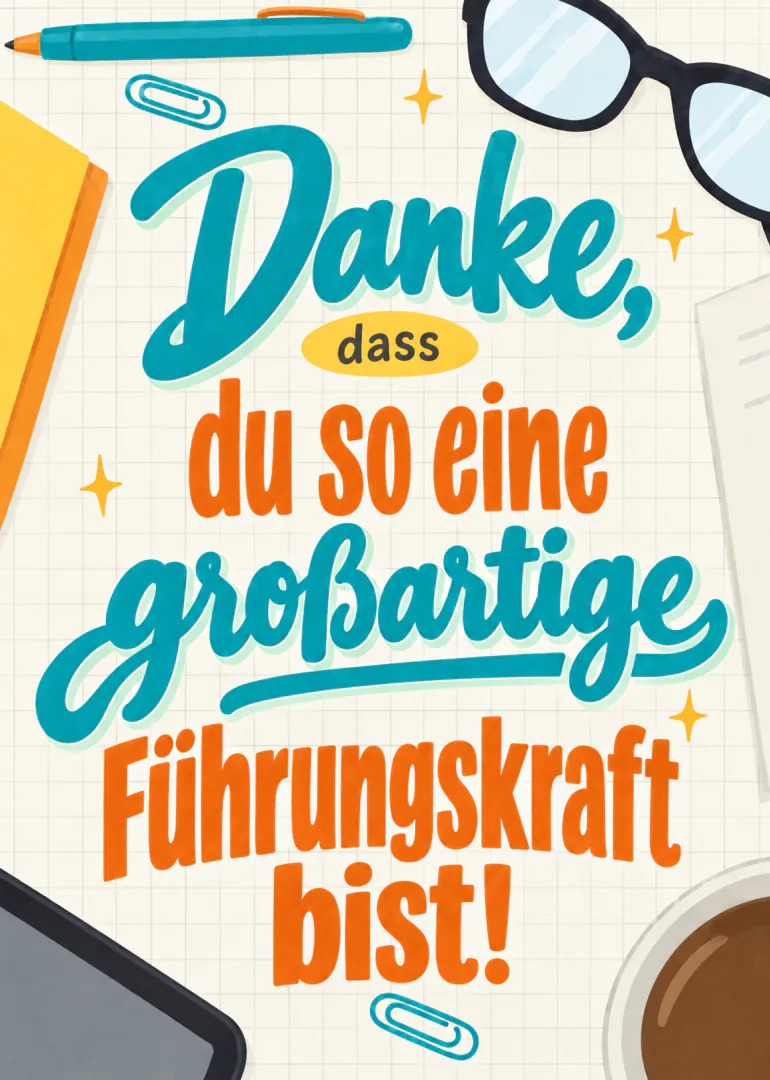 Typografische Dankeskarte in Türkis und Orange mit Stift, Brille, Büroklammern und Kaffeetasse.
