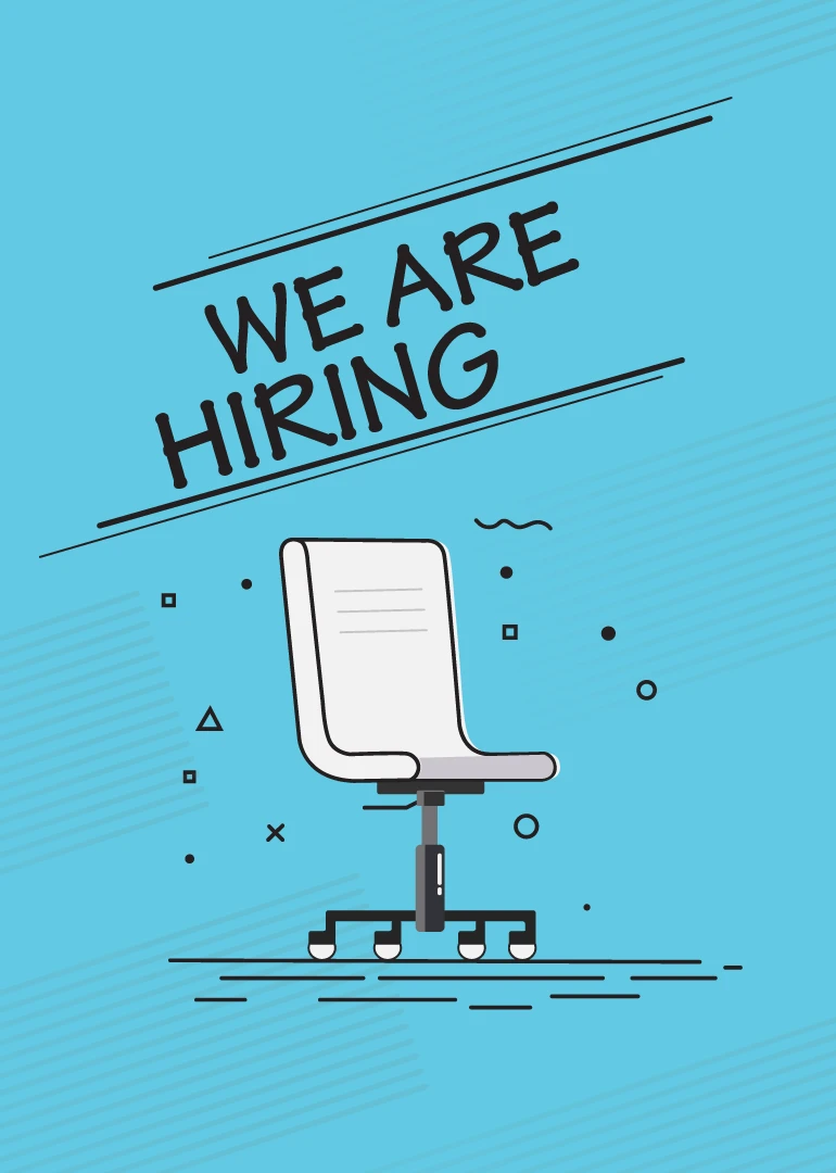 Blue card with a white office chair and the words We Are Hiring.