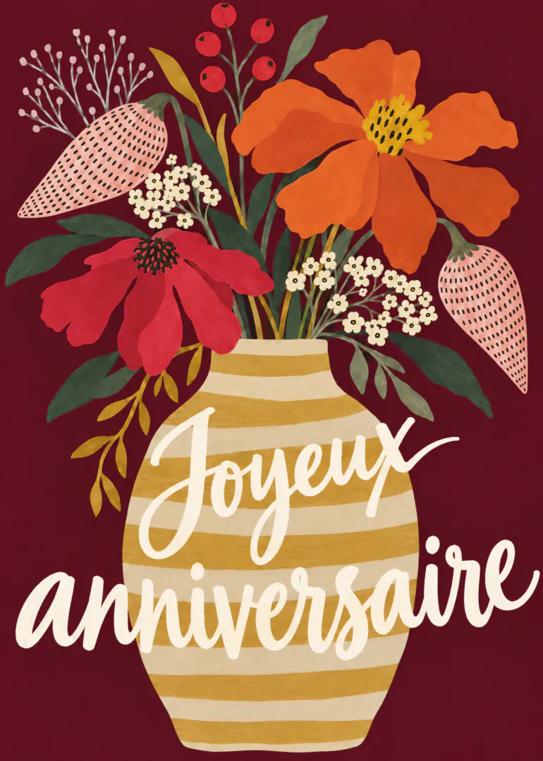Carte bordeaux montrant un vase rayé doré rempli de grandes fleurs orange, rouges et roses, avec le texte « Joyeux anniversaire ».