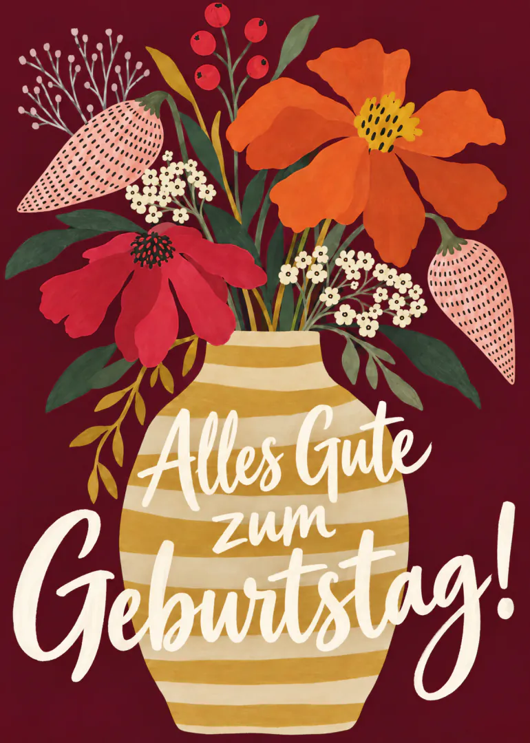 Illustration eines bunten Blumenstraußes in einer gestreiften Vase mit dem Schriftzug „Alles Gute zum Geburtstag!“.