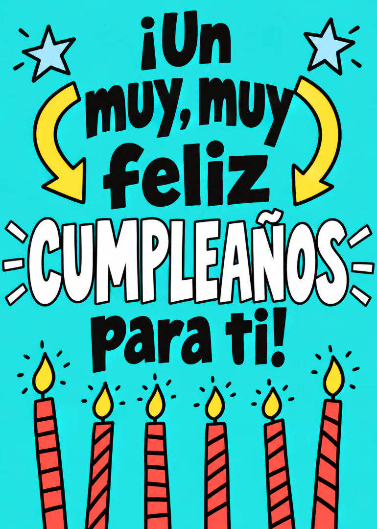Tarjeta turquesa con el mensaje de feliz cumpleaños, flechas amarillas, estrellas y seis velas encendidas.