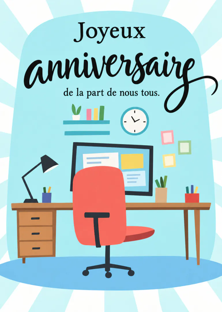 Carte bleue illustrée d’un bureau avec le message « Joyeux anniversaire de la part de nous tous. »