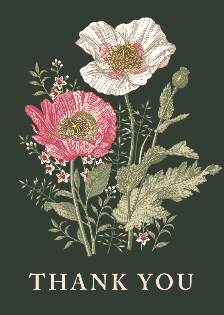 Thank you card with pink and white flowers on dark green background