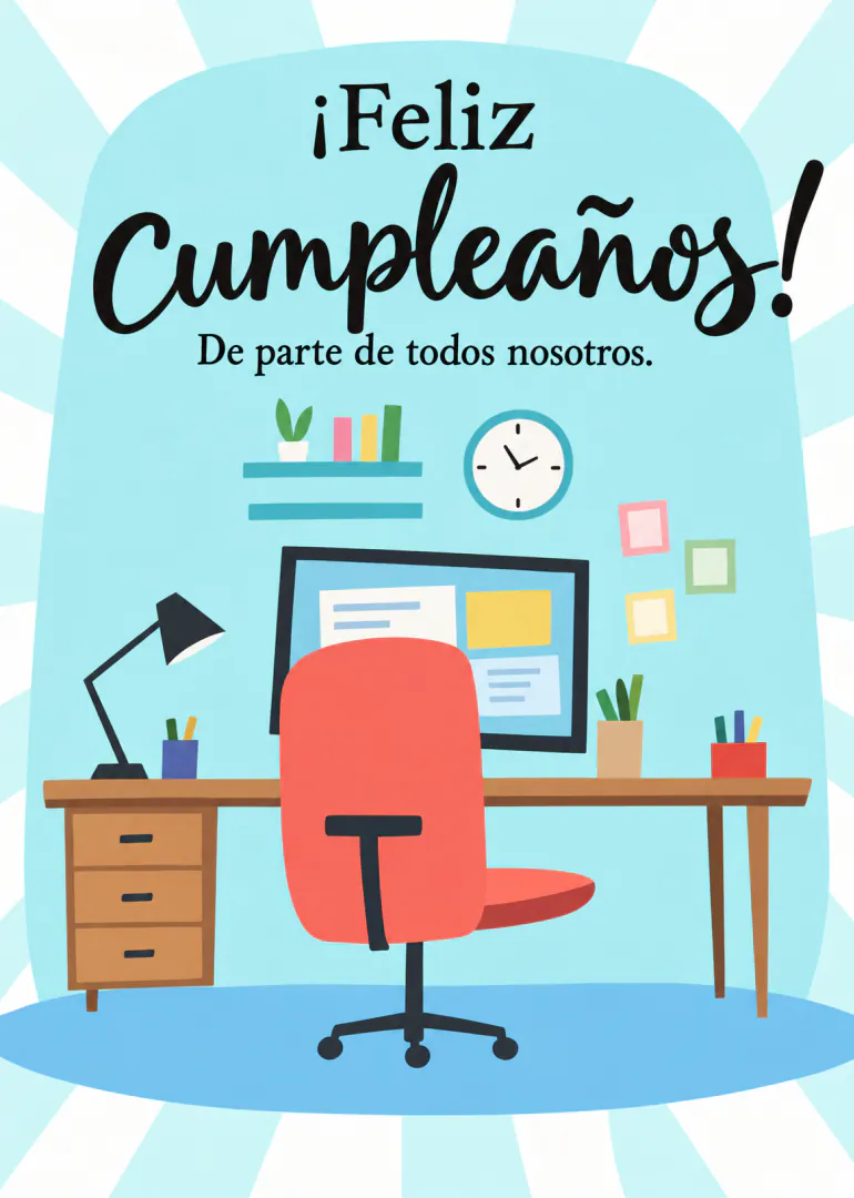 Tarjeta de cumpleaños con un escritorio de oficina, silla roja y el mensaje «¡Feliz Cumpleaños! De parte de todos nosotros.»