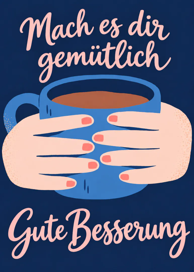 Dunkelblaue Genesungskarte mit Händen um eine blaue Tasse und rosa Schrift.