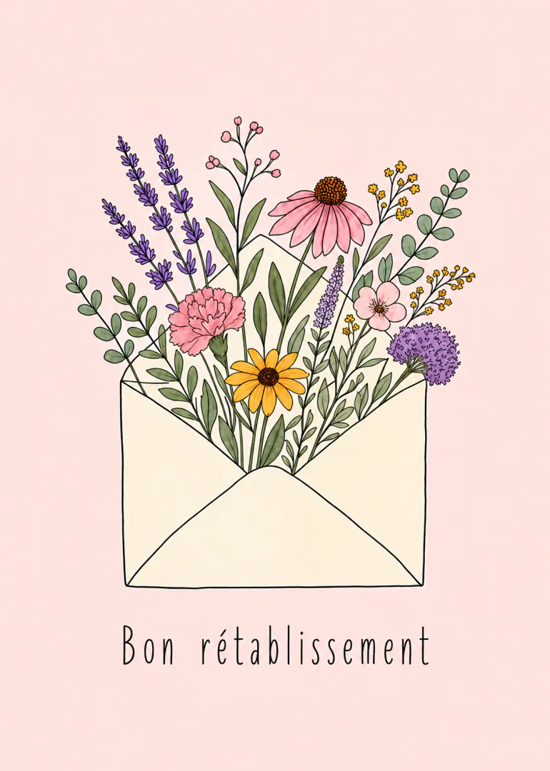 Carte rose pâle montrant une enveloppe ouverte remplie de fleurs sauvages, avec le texte « Bon rétablissement ».