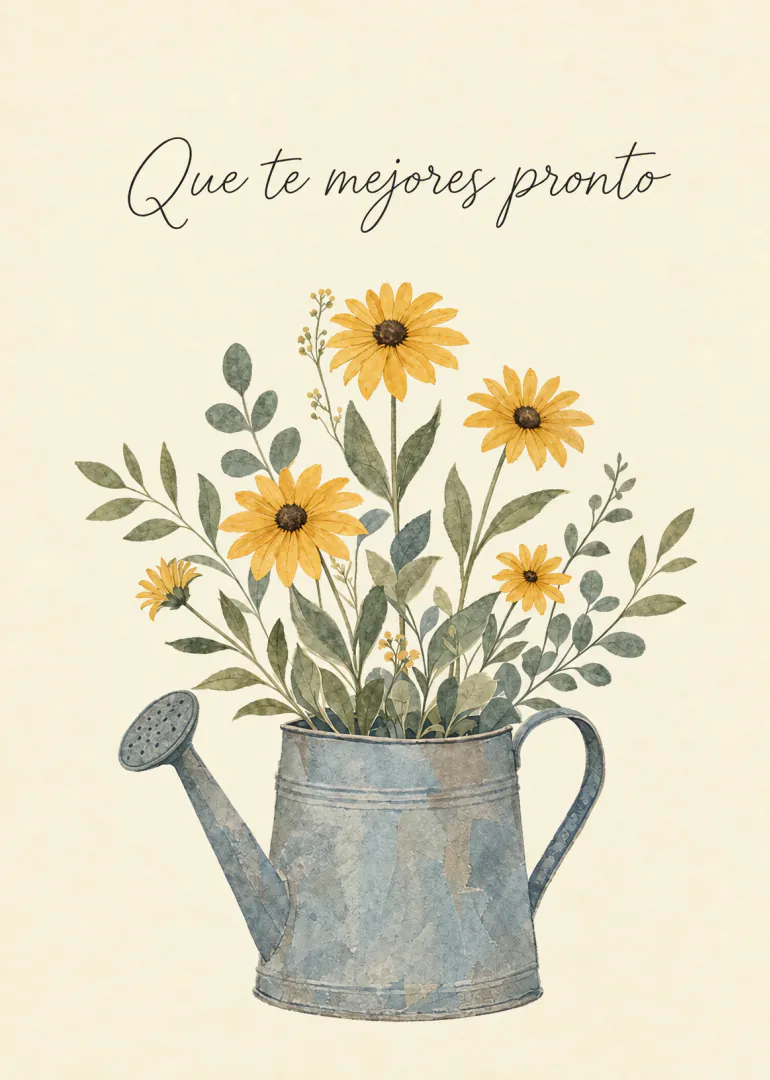 Tarjeta con una regadera metálica llena de flores amarillas y el texto «Que te mejores pronto».