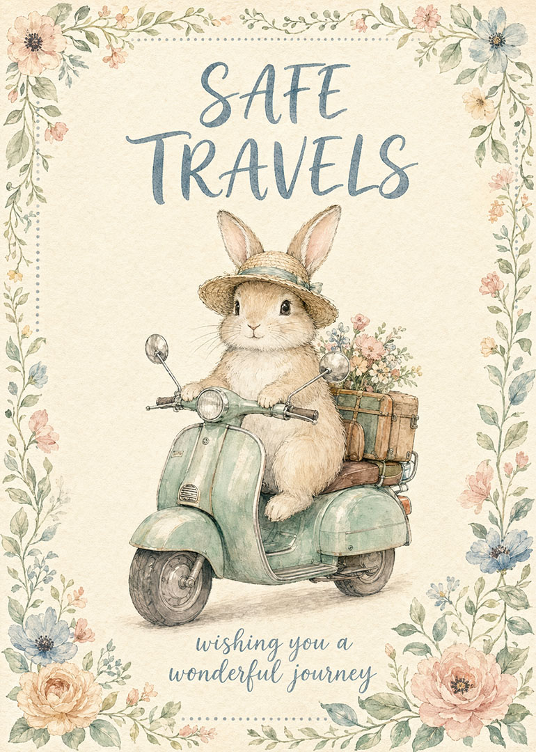 A bunny in a straw hat rides a mint scooter beside floral borders and text.