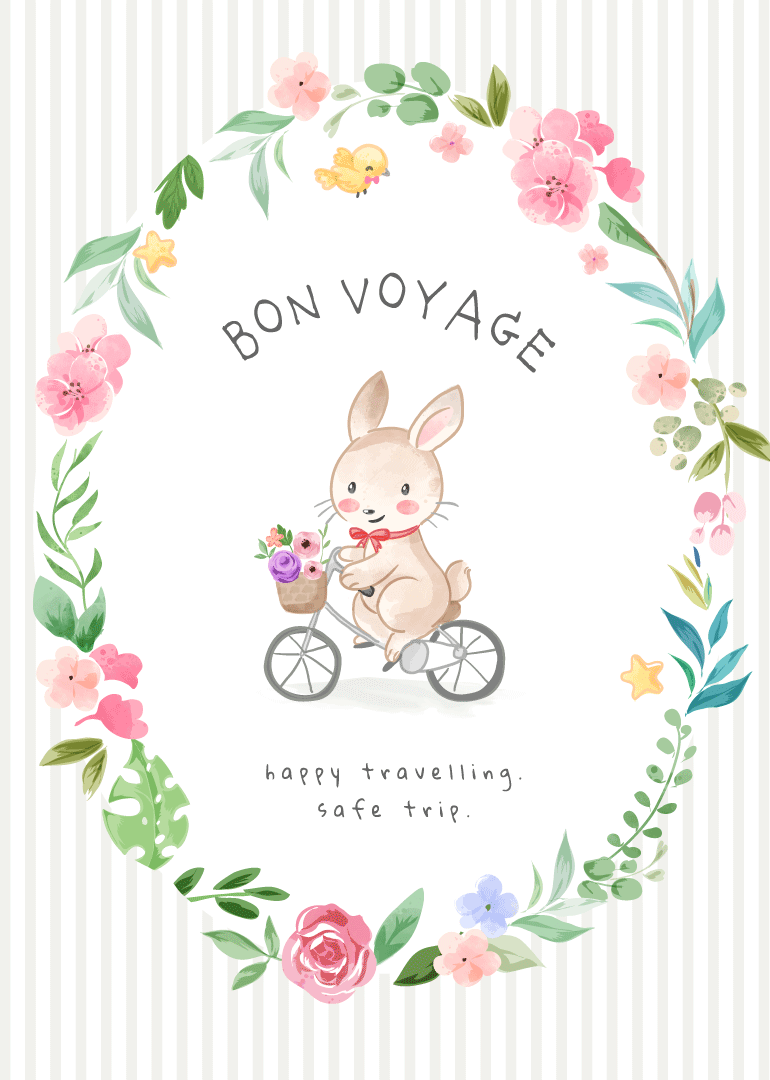 Cute bunny riding bicycle with flowers and bon voyage text