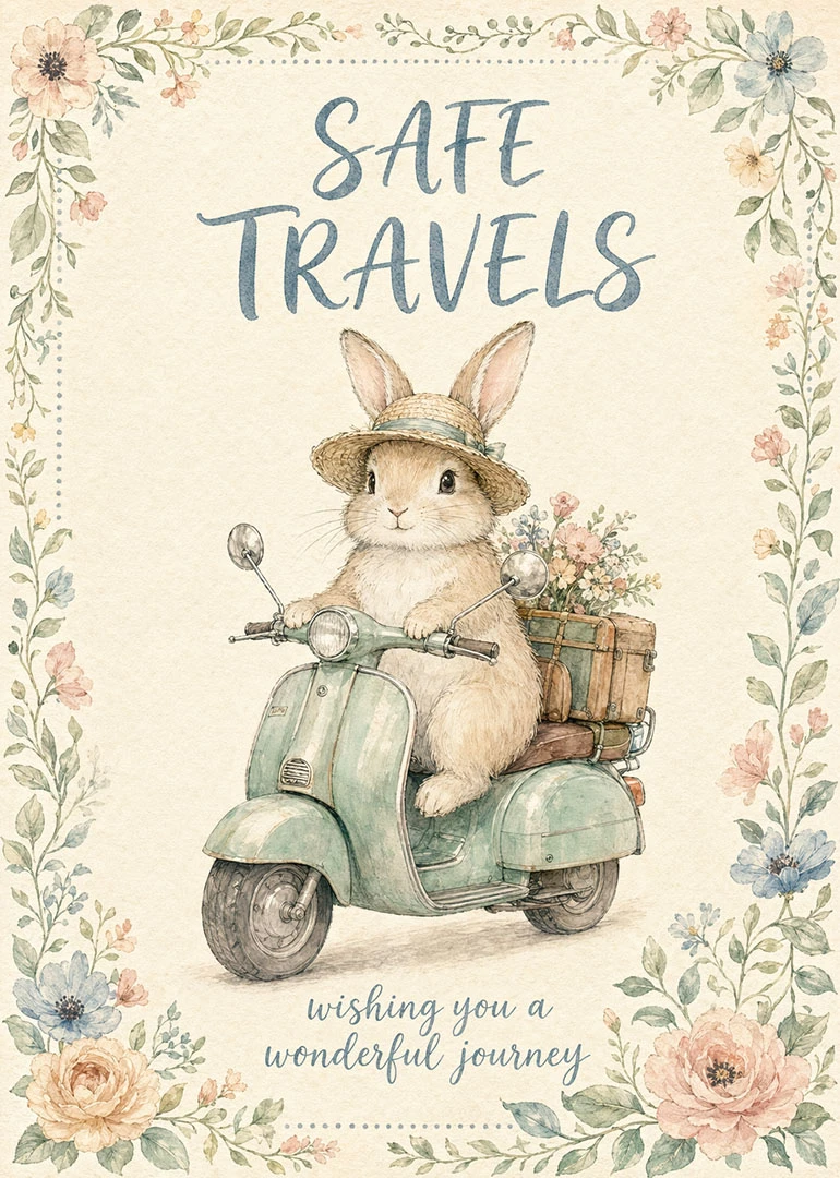 A bunny in a straw hat rides a mint scooter beside floral borders and text.