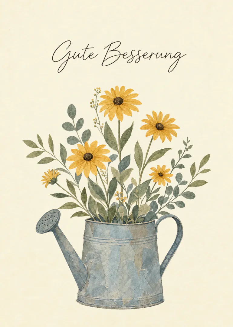 Karte mit der Aufschrift „Gute Besserung“, gelben Blumen und einer alten Metallgießkanne.