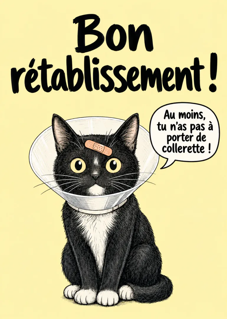 Carte jaune montrant un chat noir avec une collerette, un pansement sur la tête et un message de bon rétablissement.