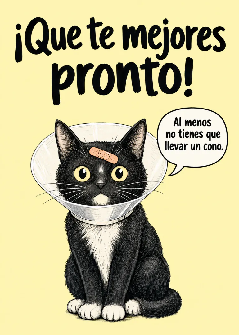 Tarjeta amarilla con un gato negro con collarín y una tirita en la frente.