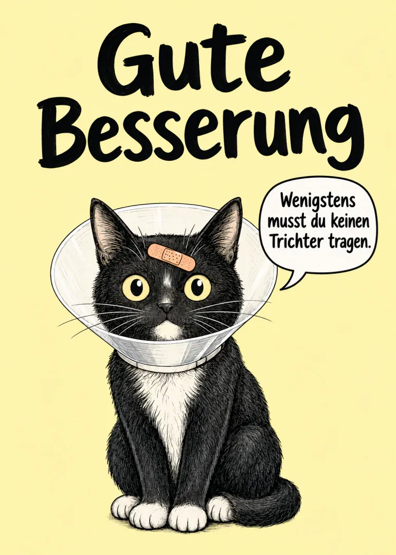 Schwarze Katze mit Halskrause und Pflaster vor gelbem Hintergrund; Sprechblase mit Genesungswitz.