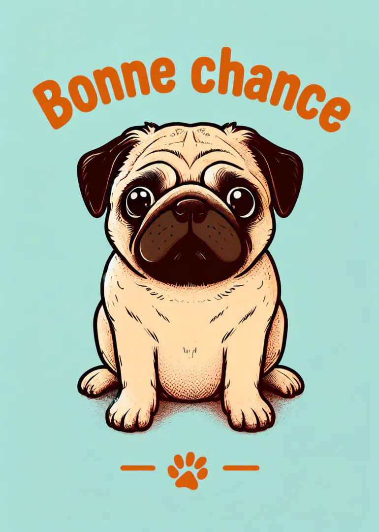 Carte bleu menthe avec un carlin illustré et le message « Bonne Chance » en orange.