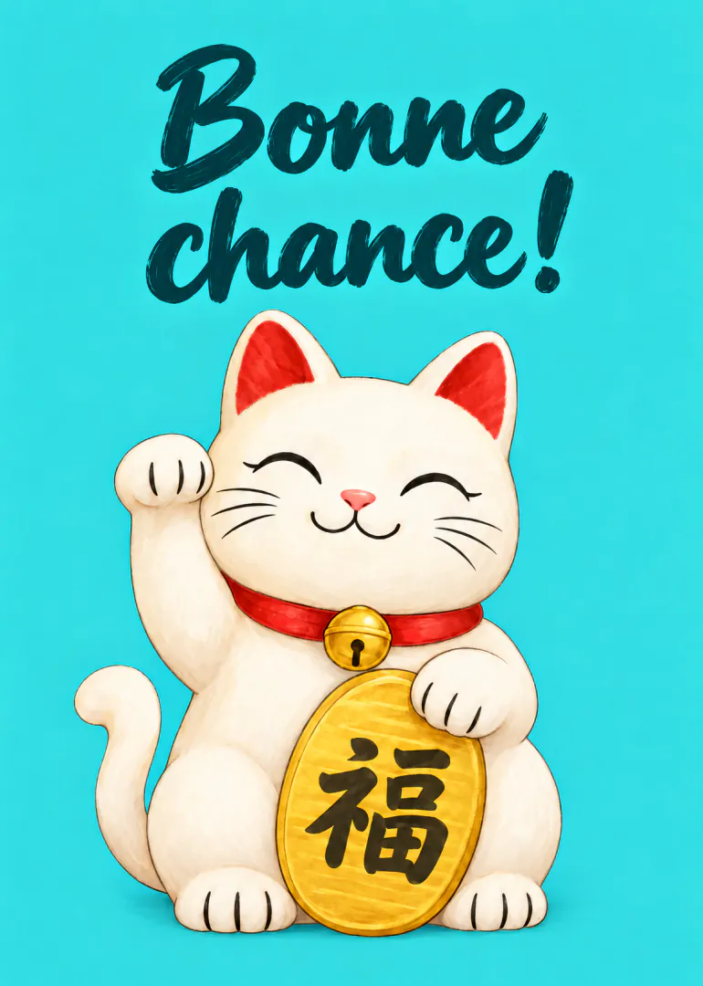 Carte turquoise illustrée d’un chat porte-bonheur blanc levant la patte, avec le texte « Bonne chance ! ».