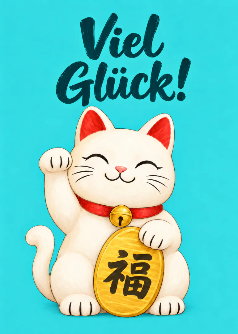 Türkise Karte mit einer winkenden weissen Glückskatze, einer goldenen Münze und dem Schriftzug „Viel Glück!“.