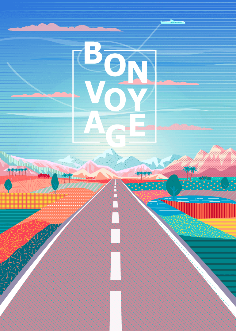 Colorful road leading to mountains with bon voyage text and airplane in sky