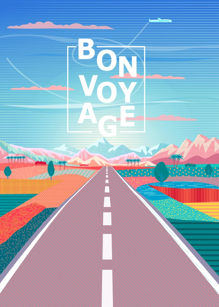 Colorful bon voyage card with road, mountains, clouds and airplane over a vibrant landscape scene.