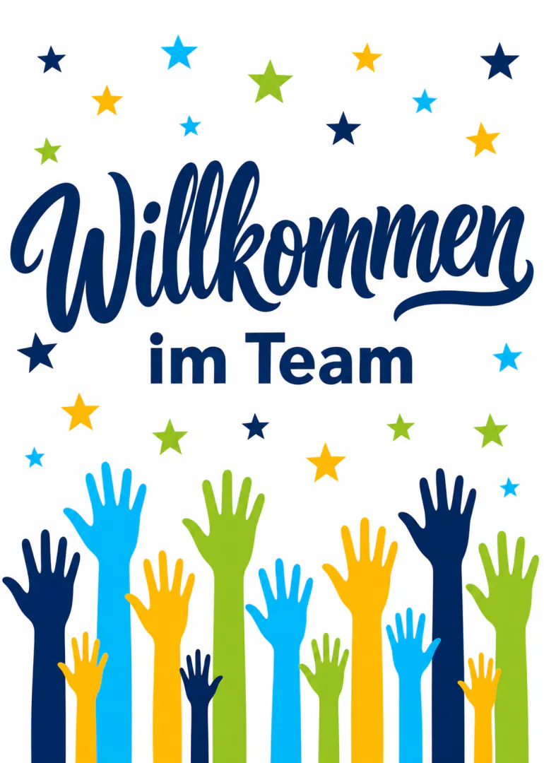Weisse Karte mit der Aufschrift „Willkommen im Team“, bunten Sternen und hochgereckten Händen.