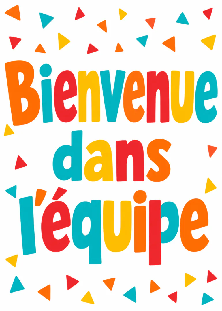 Carte blanche avec le message coloré « Bienvenue dans l'équipe » entouré de confettis triangulaires.