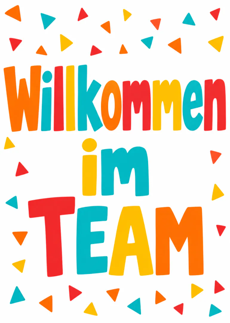 Bunte Karte mit der Aufschrift „Willkommen im Team“ und Konfetti auf weißem Hintergrund.